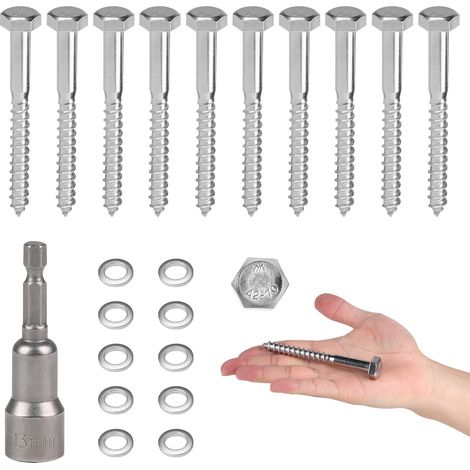 10 PCS Vis Tire-Fond Avancées Tête Hexagonale M8 x 60 mm Inox AISI 304 (A2), Tirefond Beton avec Rondelles et Clé à Six Pans, Vis à Bois Tête Hexagonale Autoperceuse, pour Assembler le Bois (1/5)