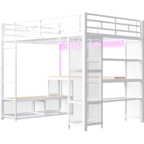 Letto a soppalco in metallo 140 x 200 cm bianco con scrivania, scaffali, contenitori e LED (1/5)