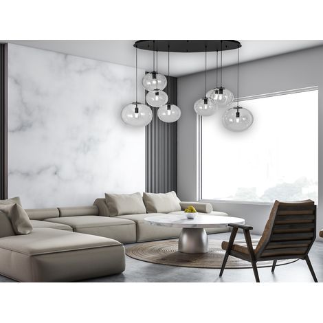 Große LED Pendelleuchte achtflammig Kugel Glasschirme transparent Breite 166cm