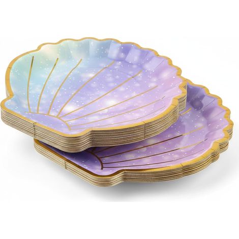 Lot de 20 assiettes en carton colorées en forme de coquillage 23 x 23 cm pour fête sur le thème de la mer, anniversaire, camping, vaisselle pour enfants, filles, série pastel foncé (1/5)
