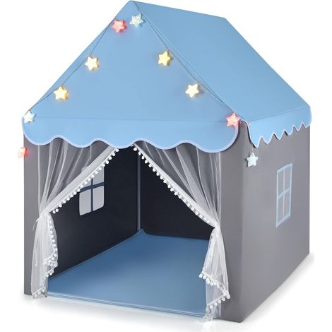 COSTWAY Carpa para Niños con Colchoneta Lavable, Luces de Estrella, Ventanas, Cremalleras Inferiores, Carpa Castillo de Hadas, Casa de Juegos, Tienda Infantil de Campaña para Niños y Niñas (Azul) (1/5)
