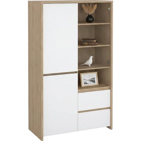 Dmora - Vetrina Reykjavik, Credenza espositiva, Vetrinetta multiuso, Madia da soggiorno, 100x48 h170 cm, Rovere e Bianco lucido