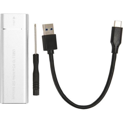Boîtier SSD M.2 NVMe 10 Gbps USB 3.1 Type-C UASP, compatible 2230/2242/2260/2280, capacité 2 To, argent, câble Type-A vers C inclus. (1/5)