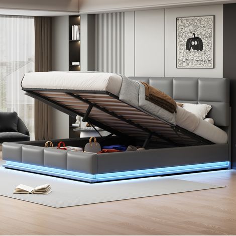 Lit coffre 180x200 LED hydraulique simili cuir gris OKMYHOME (1/5)