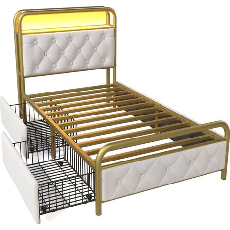 Cama de metal de 90 x 200 cm, cabecero multifuncional con LED blanco, carga USB tipo C integrada y 2 cajones, ideal para adolescentes y adultos (colchón no incluido). (1/5)