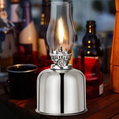 Lampe à pétrole rétro - Lanterne en métal et verre - Douille rotative - Pour l'intérieur et l'extérieur - Coupe-vent - Lampe d'urgence transparente (argentée) (1/5)
