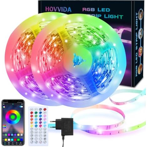 HOVVIDA Ruban LED 20m, LED Chambre 20m, Bande LED, 600 LED, 30 LED/Mètre 2x10m, 24V, APP et Télécommande, Synchronisation de la Musique, Mode Minuterie, pour Chambre, Salle de Jeux, Fête, Festival [C (1/5)