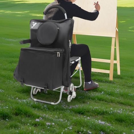 Chariot d'art pliable avec siège et sac de rangement, chariot de peinture à roulettes pour peinture en plein air - Chariot à dessin portable comme chevalet, siège, table pour artiste, shopping (1/5)
