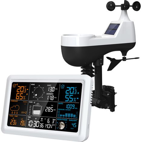 Station météo intelligente Wi-Fi avec capteur extérieur et écran couleur de 7,5 pouces : prévisions météo, température, humidité, vitesse et direction du vent, précipitations (1/5)