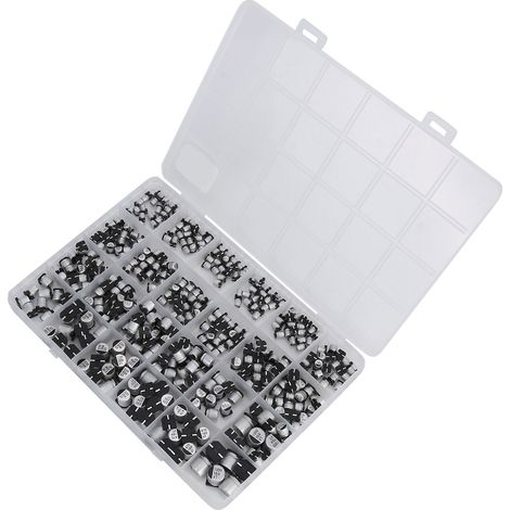 Kit 400 pièces condensateurs électrolytiques aluminium CMS 24 valeurs, boîte de tri, 6.3-50V, livré sous film bulle (1/5)