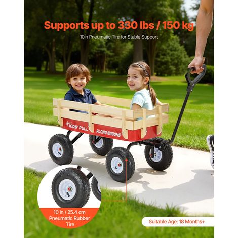 Chariot à main enfant 101cm avec panneaux bois et poignée, charge 150kg, wagon tout terrain jardin plage, cadeau anniversaire rouge (1/5)