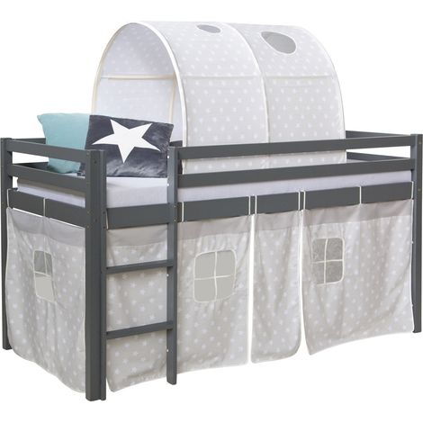 Cama alta de 90x200cm con escalera de madera gris tela con estampado de estrellas y túnel LIT06178
