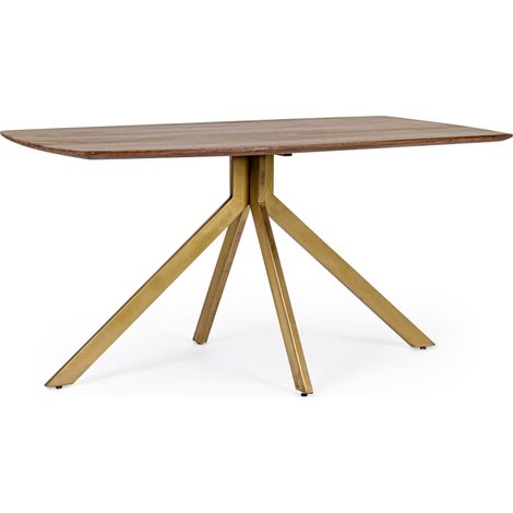 Table à manger rectangulaire KAMY 150 - Bois de manguier marron & pieds acier laiton - 6 places (1/5)