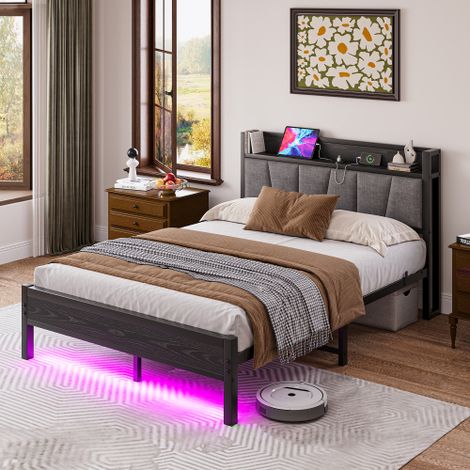 Lit adulte 140x190 cm - Cadre de lit avec lumière LED intelligente, tête de lit et port de chargement USB, conception silencieuse - Sans matelas (1/5)