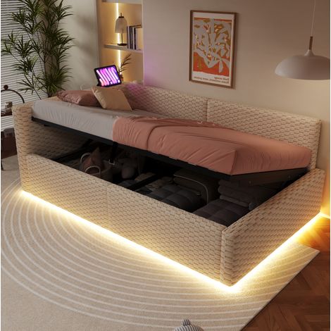 Letto imbottito 90x200 cm beige in velluto con contenitore, LED e porte USB/USB-C (1/5)