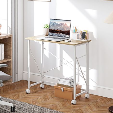 Table pliante à roulettes, gain de place, acier et MDF, aspect naturel (1/5)