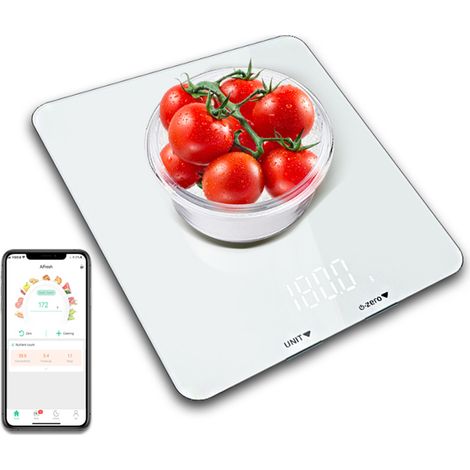 Intelligente Küchenwaage mit Diät-App, kompatibel mit iOS 8.0 und Android 4.4 und neueren Versionen. Gehärtetes Glas, LCD-Display, kompakte Größe und Genauigkeit bis zu +/- 1 g. (1/4)