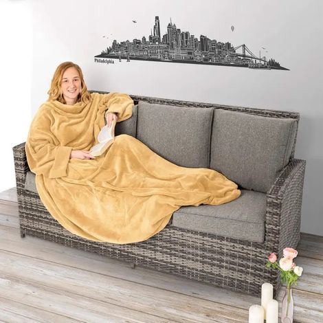 Grand Plaid Polaire 180 cm à Enfiler Avec Manches : Beige 180 X 150 cm (1/5)