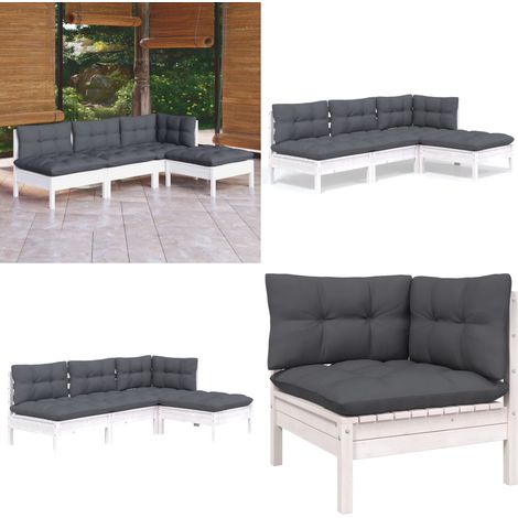 4-tlg. Garten-Lounge-Set mit Kissen Weiß Kiefernholz - Garten Lounge Set - Kiefernholz Möbel - Outdoor Möbel - Gartenmöbel - Loungesessel - Home & Living