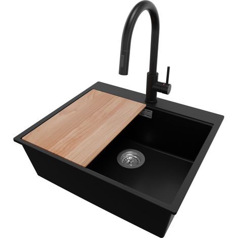 PRIMAGRAN Evier Cuisine en Granit 58x50cm,Lavabo 1 bac + Robinet 40x20cm + Kit de Vidage + Planche à Découper, Évier à Encastrer au meuble 60cm - Oslo, Noir (1/5)