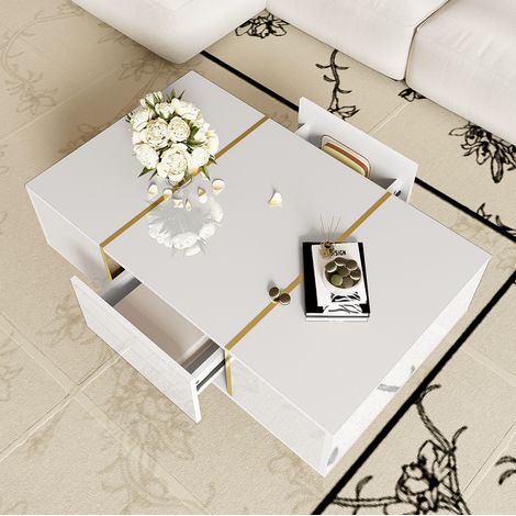 DESMIU Table Basse 2 Tiroirs avec Surface Brillante et Éléments Métalliques pour Salon, Blanc, 100 × 60 × 41,5 cm (1/5)