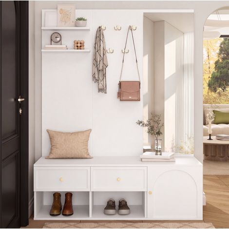 Mueble de entrada 120x35x159 cm de aglomerado blanco con espejo y almacenaje – MEUBLIV (1/5)