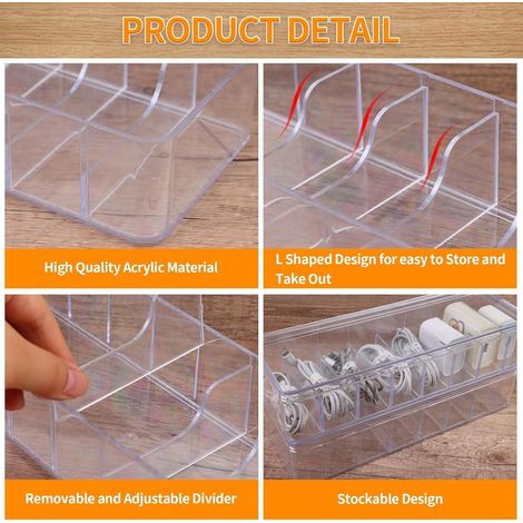 Scatola portacavi, 3 pezzi, trasparente, con coperchio, 26 x 10 x 6 cm, ideale per riporre cavi, caricabatterie, accessori elettronici e altri dispositivi domestici. (1/5)