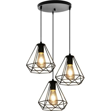 3 Lustres Suspensions en Diamant Cage Vintage Noir Lampe Luminaire Industrielle Fer Forge pour Salon Chambre (1/4)