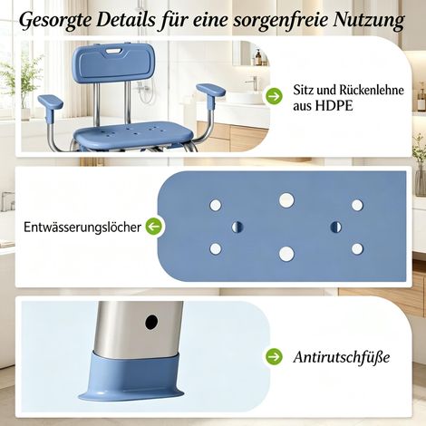 Chaise de douche ergonomique avec réglage en hauteur et inclinaison du siège, pour salle de bain, robuste et antidérapante. (1/5)