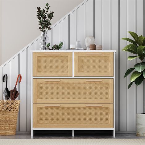 Fortuna Lai – Commode 4 tiroirs en rotin naturel et blanc – Dimensions 80x80x38 cm – Construction en MDF – Capacité de charge 50 kg - 80xH80x38 (1/5)