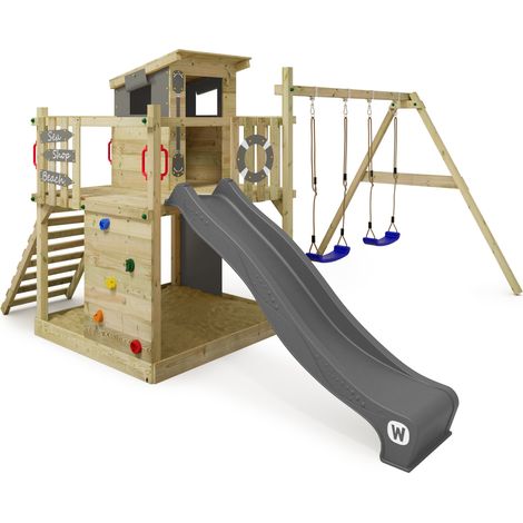 Wickey Spielturm Klettergerüst Smart Camp mit Schaukel & Rutsche, Baumhaus mit Sandkasten, Kletterleiter & Spiel-Zubehör - anthrazit (1/5)