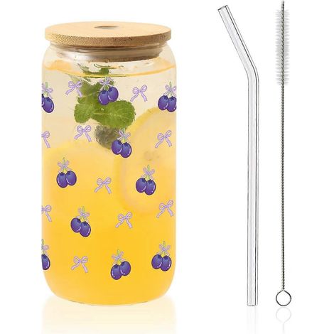 Tasses verre avec couvercles, pailles, motif fleurs papillon bleus, mug isotherme café glacé, cadeau Saint-Valentin/anniversaire (Fleurs02) (1/5)