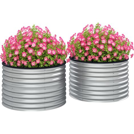 Set di 2 fioriere rialzate, kit di fioriere rotonde con fondo aperto, acciaio zincato, 90 x 90 x 56 cm, argento