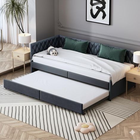 Letto estraibile 90x200 cm - Divano letto estensibile - Design capitonné stile Chesterfield - Con rete a doghe - In velluto grigio (1/5)