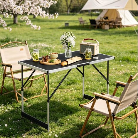 Tavolo da campeggio pieghevole 100x60x73-94 cm, altezza regolabile in 4 posizioni, con maniglia, alluminio e MDF nero (1/5)