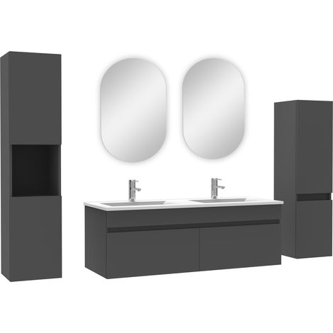 Acezanble meuble Salle de Bain Anthracite 120cm double vasque + colonne + miroir ovale (1/4)