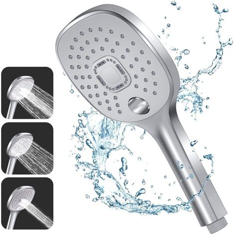 Pommeau Douche, 3 Types de Jets avec Poignée Durable et Buse en Silicone Respectueuse de l'environnement, Grand Pommeau de Douche Argenté (Pommeau de Douche sans Tuyau) (1/4)