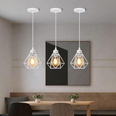 3PCS Lustre Suspension E27 16CM Cage Diamant en Métal Blanc Plafonnier Luminaire pour Couloir Escalier Chambre (1/5)