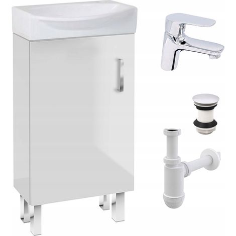 Waschbeckenunterschrank - 40 cm - Weiß glänzend - Kompakt und elegant - mit Click Clack Armatur (1/5)
