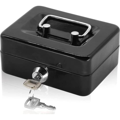 Caja fuerte con cerradura de llave, caja de metal portátil de doble capa con 2 llaves para mayor seguridad, 12,5  10  5,6 cm (S, Negro)