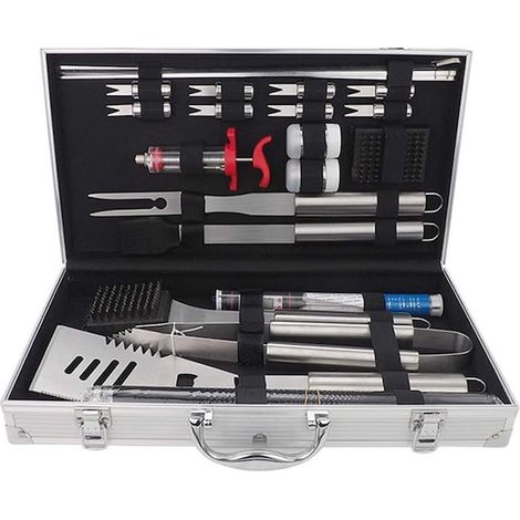 Lot de 23 ustensiles de barbecue en acier inoxydable avec manches en bambou, accessoires grill multicolores, sac aluminium