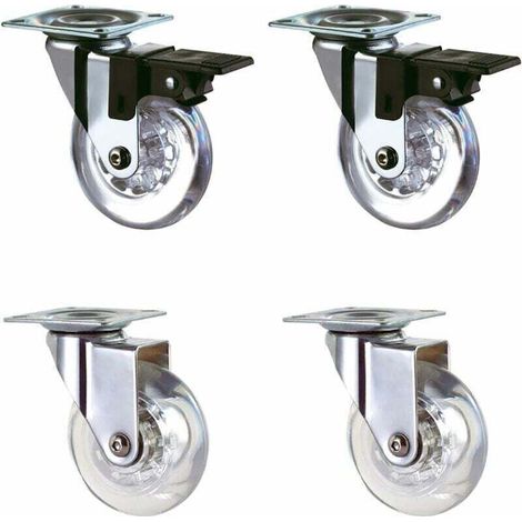 Set di 4 rot trasparenti da 50 mm con freno per un facile trasporto, adatte a tutte le superfici (50 mm), rivestimento in gomma trasparente, portata totale 160 kg. (1/3)