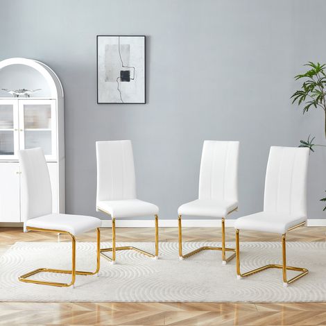 Silla de comedor de PU blanco y metal dorado, estable, elegante y fácil de limpiar (1/5)
