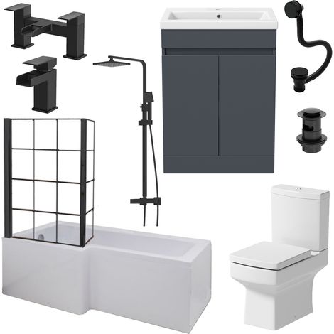 Aquari Complete Bathroom Suite Black Shower Bath Screen Vanity Basin Taps Toilet 1700 (1/5)