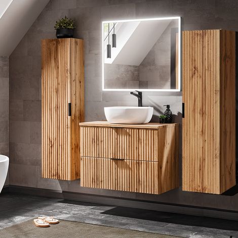 Badezimmermöbel Set Wotaneiche mit Rillenoptik ADELAIDE-56 LED-Spiegel & Waschtisch mit Keramikbecken, 2 Hochschränke (1/5)
