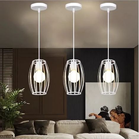 Lot de 3 Lustre Industrielle Salon Blanc Lampe Plafonnier Moderne en Cage Métal pour Salon Chambre (1/4)