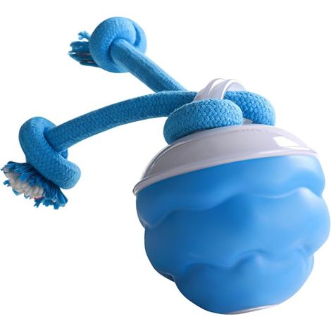 Pallina giocattolo elettrica per animali domestici, con meccanismo a rotazione automatica e cordicella che emette un suono squittente, adatta a gatti e cuccioli di piccola e media taglia (blu). (1/3)