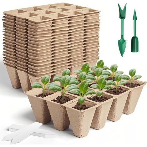 Kit de semis complet 240 cellules – Pots de tourbe 12 cellules, plateaux 20, outils de plantation, étiquettes et godets biodégradables (1/5)