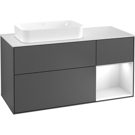 Finion, Muebles de baño, 1200 x 603 x 501 mm, Angular, con estantería (iluminada), modelo suspendido, En madera, lavabo a la izquierda, iluminación LED, 1x LED / 2.3W, 2700 K a 6480 K, Lacado Blanco B