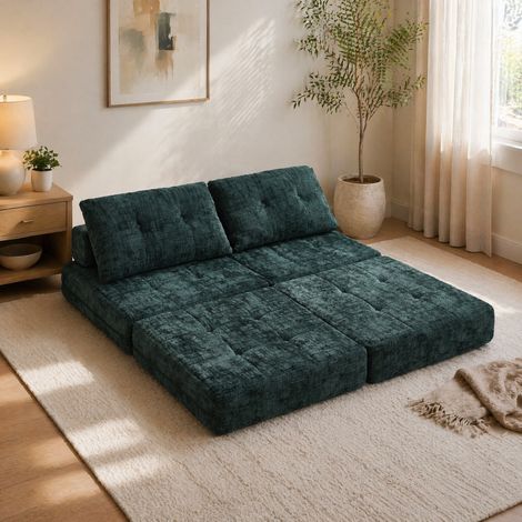 Sofá cama plegable de chenilla verde esmeralda con cojín y respaldo (1/5)